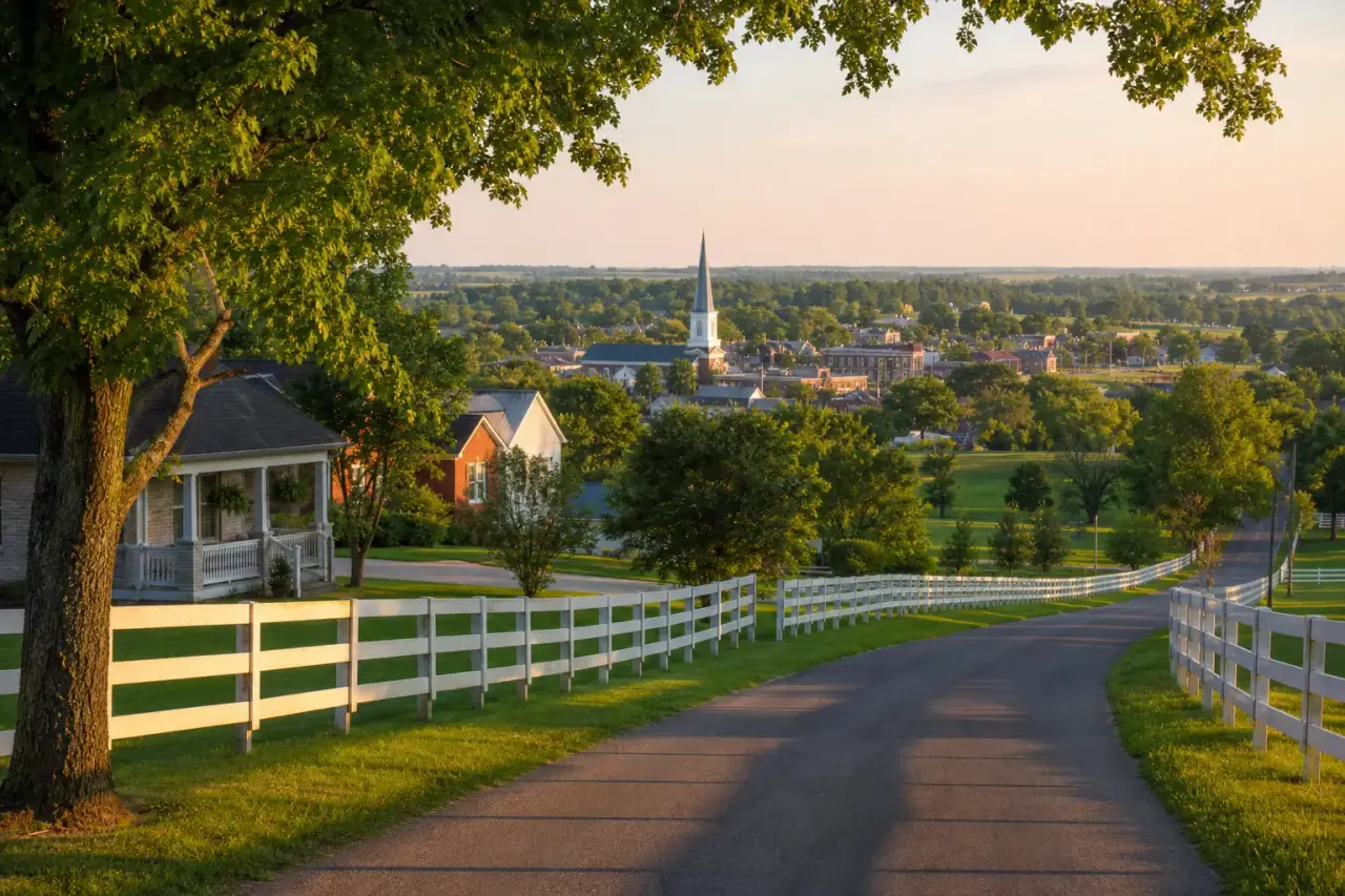 Rolling Bluegrass countryside with white farm fences and a small Kentucky town in the distance