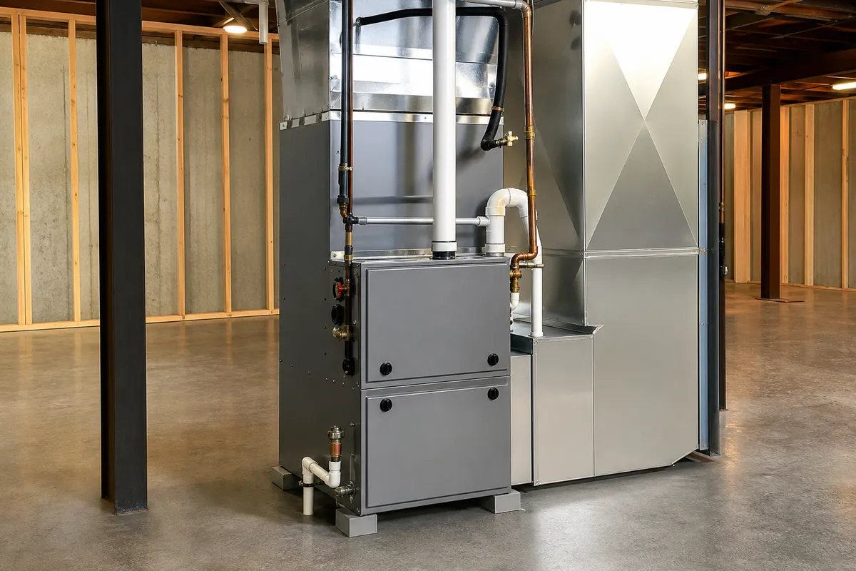 High-efficiency furnace and air handler installed in a clean basement