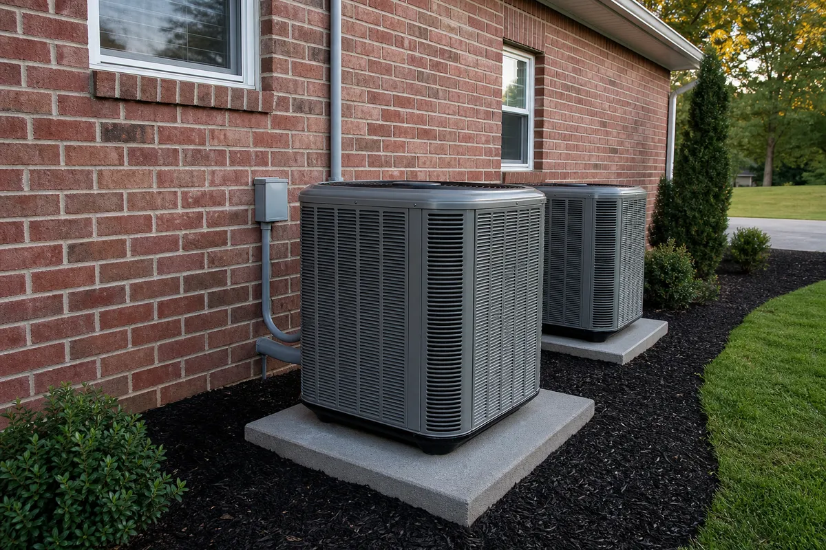 Two new heat pump condensers on concrete pads beside a brick home
