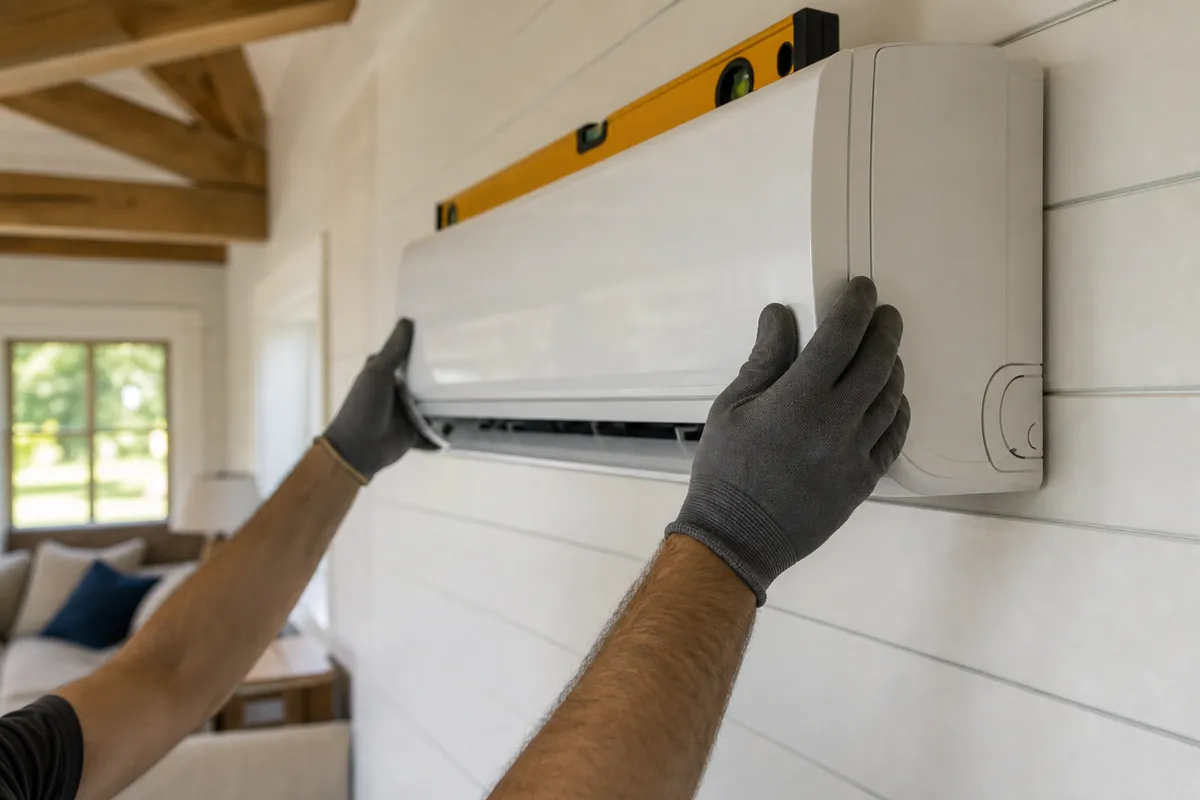 Wall-mounted ductless mini-split being leveled during installation