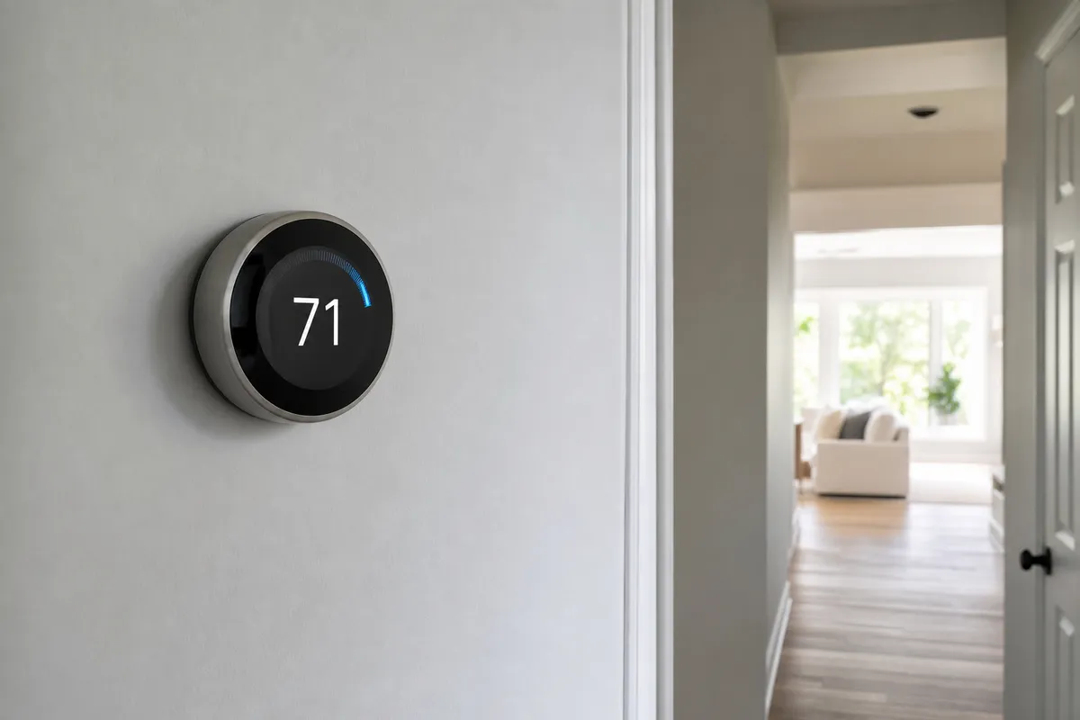 Smart thermostat installed on a hallway wall