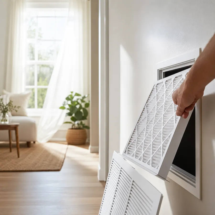 Fresh pleated air filter being fitted into a return vent in a sunlit living room