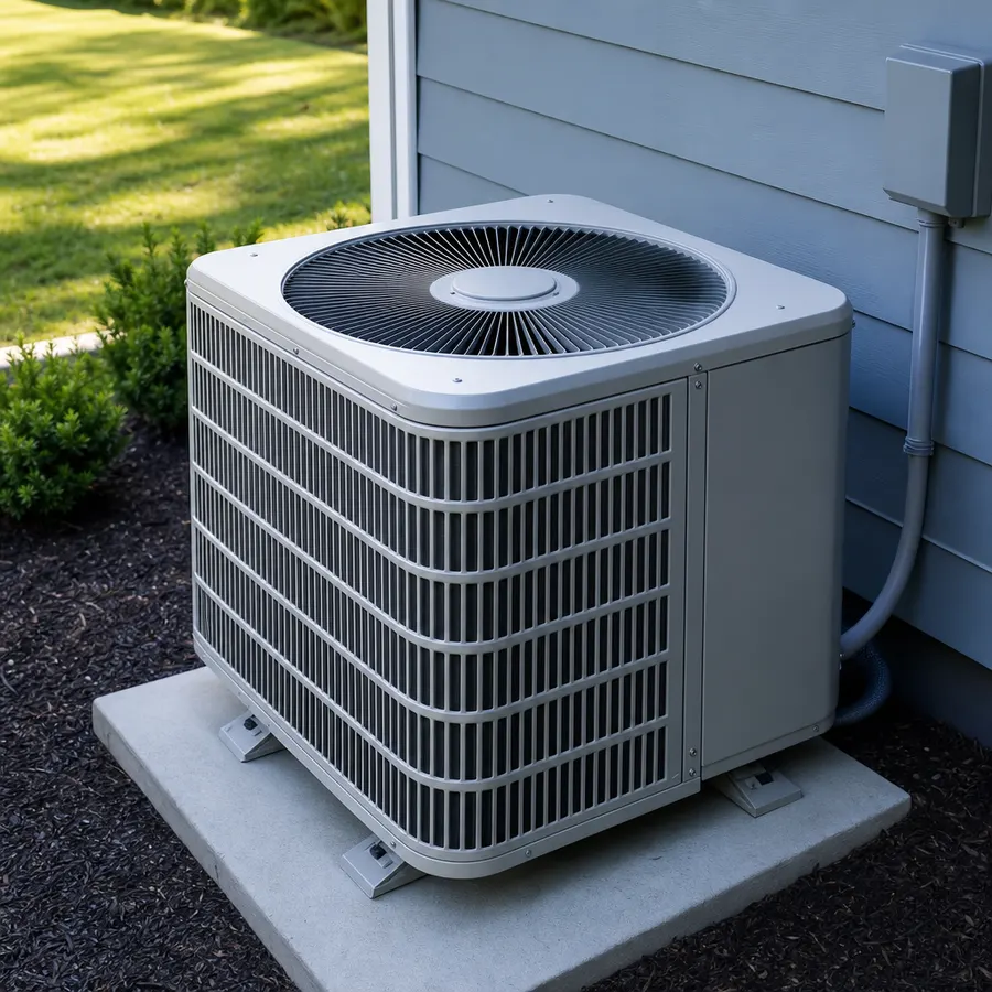 Clean outdoor air-conditioning condenser unit beside a house in summer light