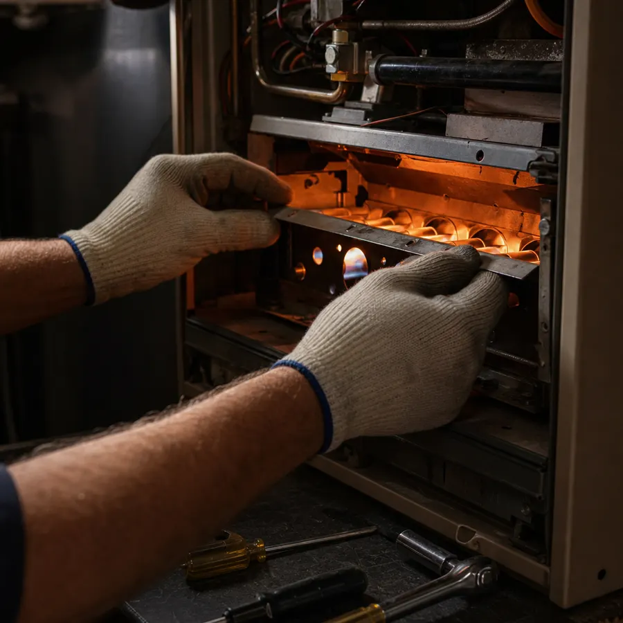 Gloved hands servicing a gas furnace burner with a warm flame glow