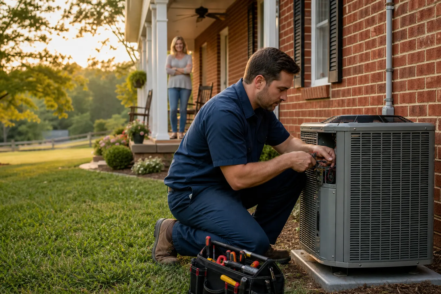 Feistritzer technician repairing an outdoor AC unit at a brick home while the homeowner watches from the porch