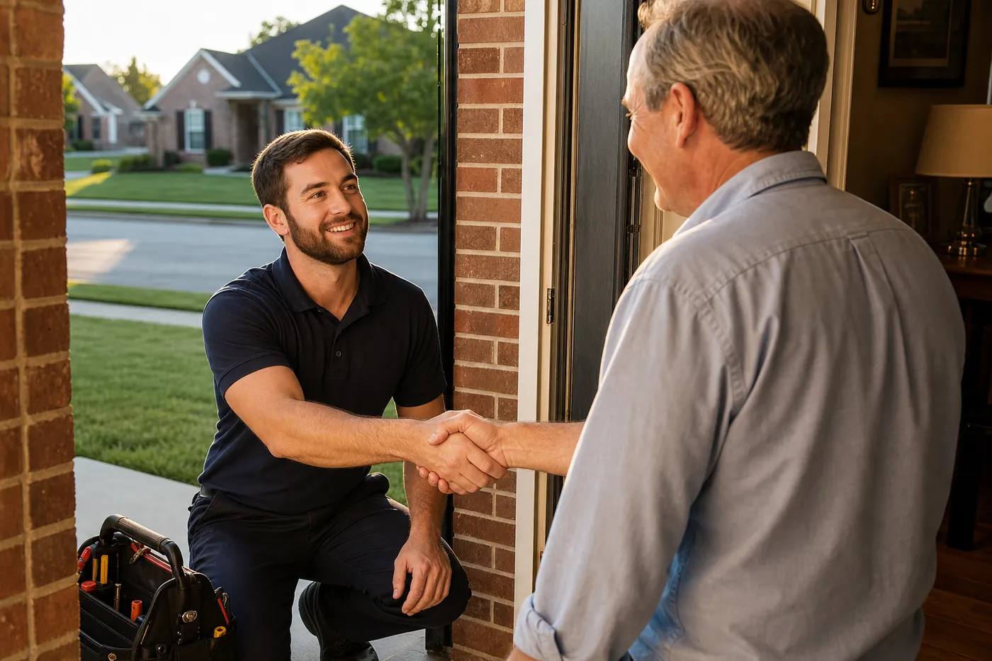 A Feistritzer technician shaking hands with a homeowner at the front door after a service visit